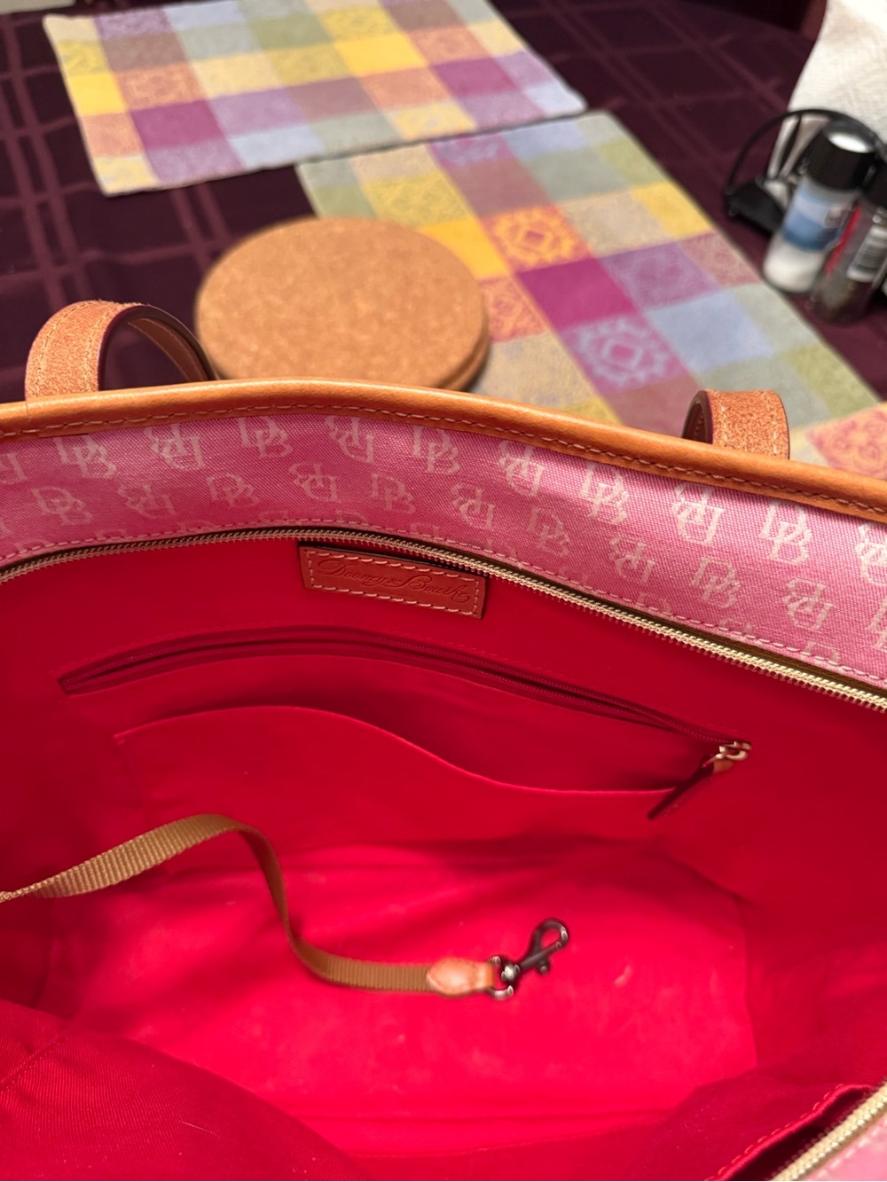 Dooney & Bourke Pink Signature Canvas Shoulder Tote with Tan Leather Trim - Picture 6 of 7